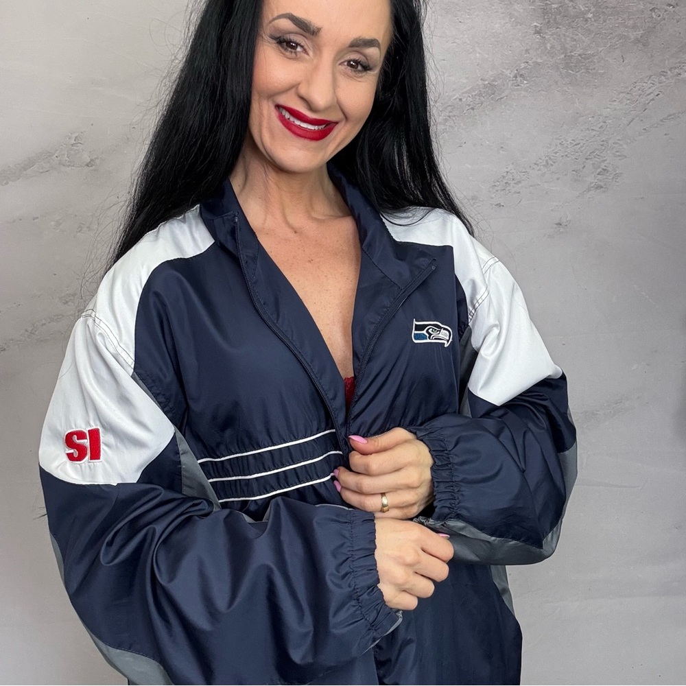 Blue and White Bomber Jacket with Standing Collar